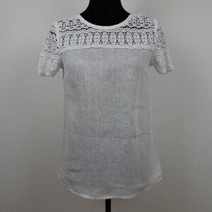 J Crew Linen Top Women's Size 00 White Lace Trim Short Sleeve